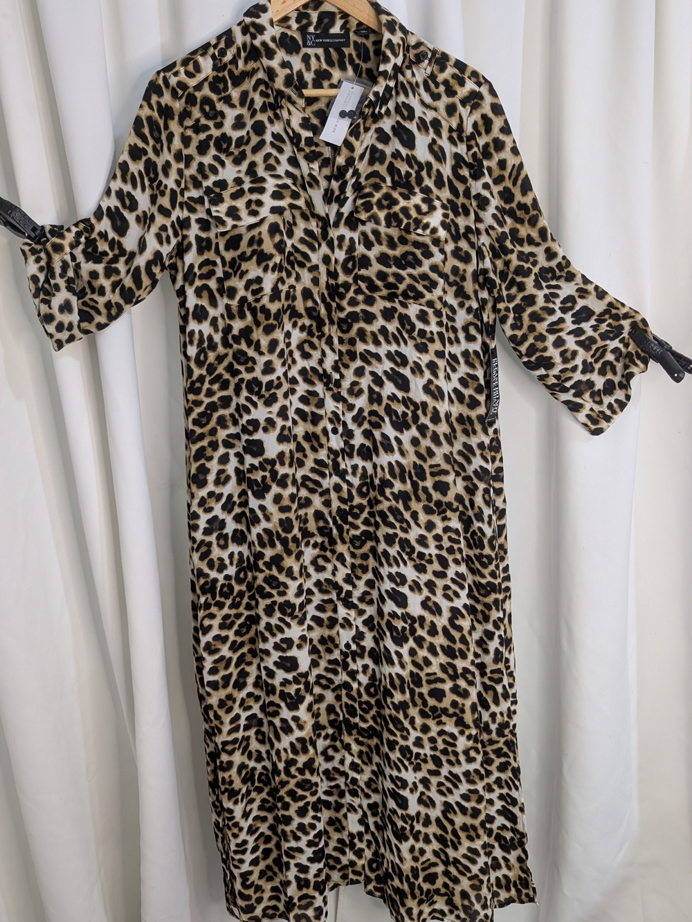 New York & Company Leopard Print Button Front Midi Shirt Dress Tie Belt L